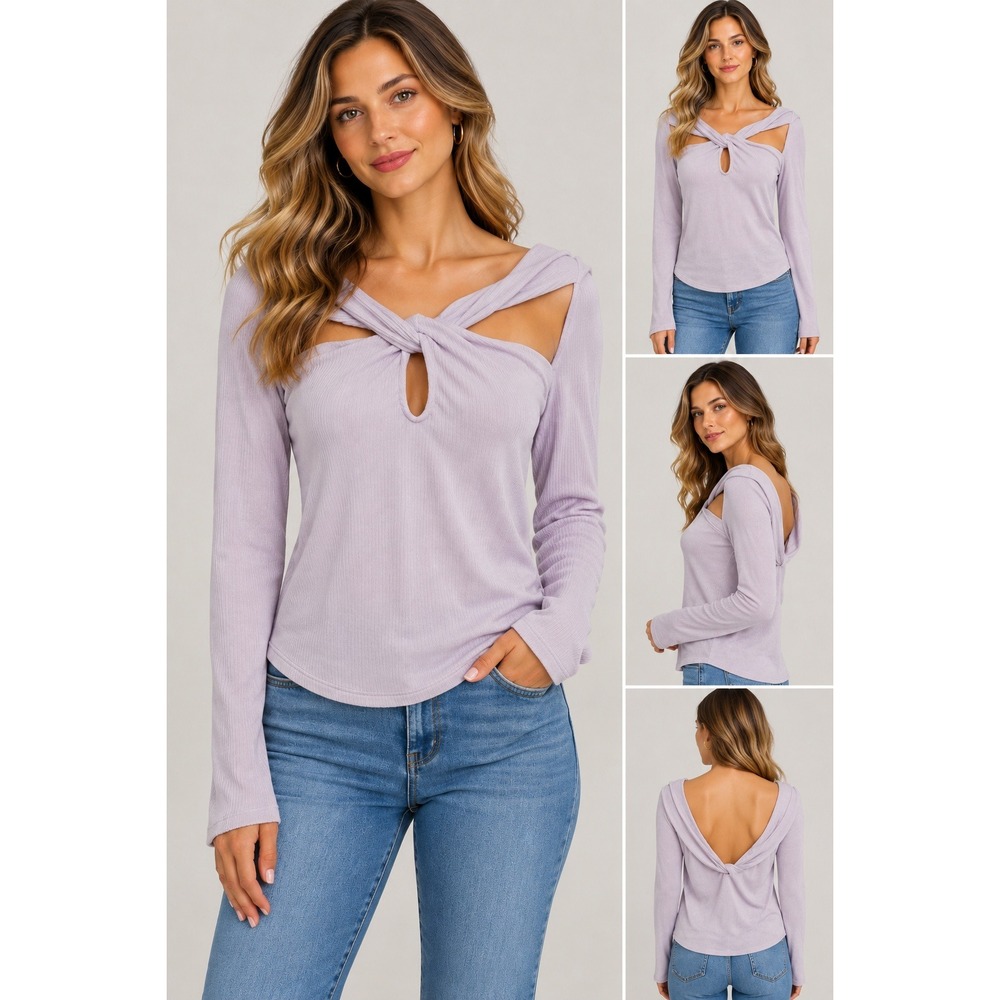 Anthropologie Cutout Twist Front Top Womens Small Lilac Ribbed Knit Long Sleeve